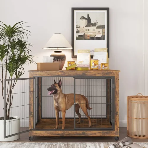 Wooden Dog Crate Furniture with 43.7 Kennel, 3-Door Access, Flip-Up Top,