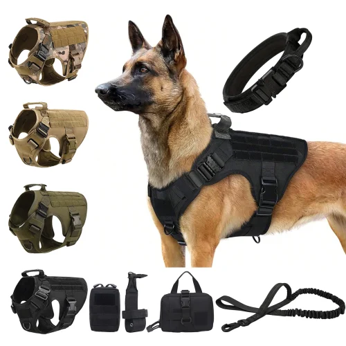 Tactical Dog Harness Collar Leash Molle Pouches For Medium Large Dogs