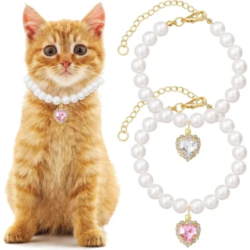 2pcs Cat Dog Pearl Collar Small Heart Shape Rhinestone.